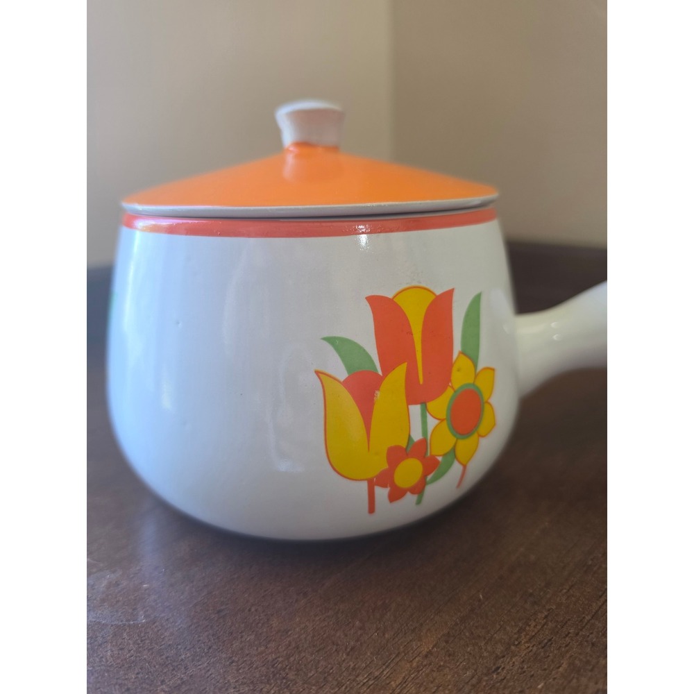 Vintage 1970s Floral Oven Proof Stoneware Pot with Orange Lid & Handle - Retro - Picture 4 of 15